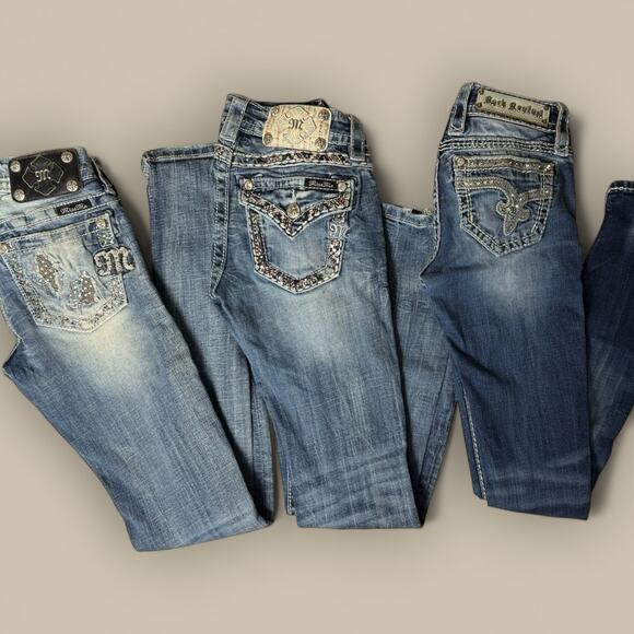 Miss Me Rock Revival Jeans Lot Sz 24 Low Rise Skinny Embellished Bootcut Bling - Picture 1 of 7